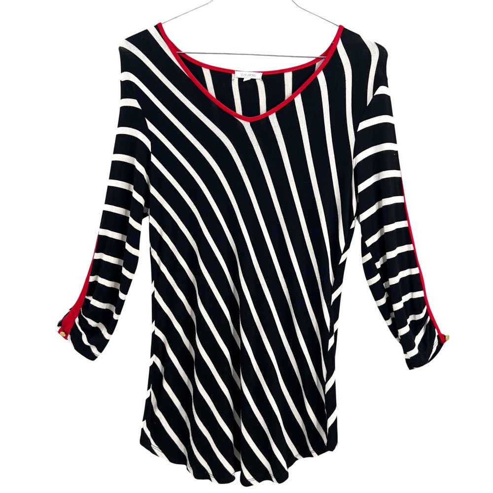 Ava‎ James Womens Large Black White Striped 3/4 Sleeve Top Red Trim Gold Buttons